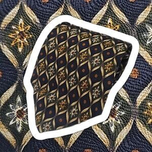 Lands End Geometric Silk Tie Floral Foulard Navy Green Designer USA 56.5"